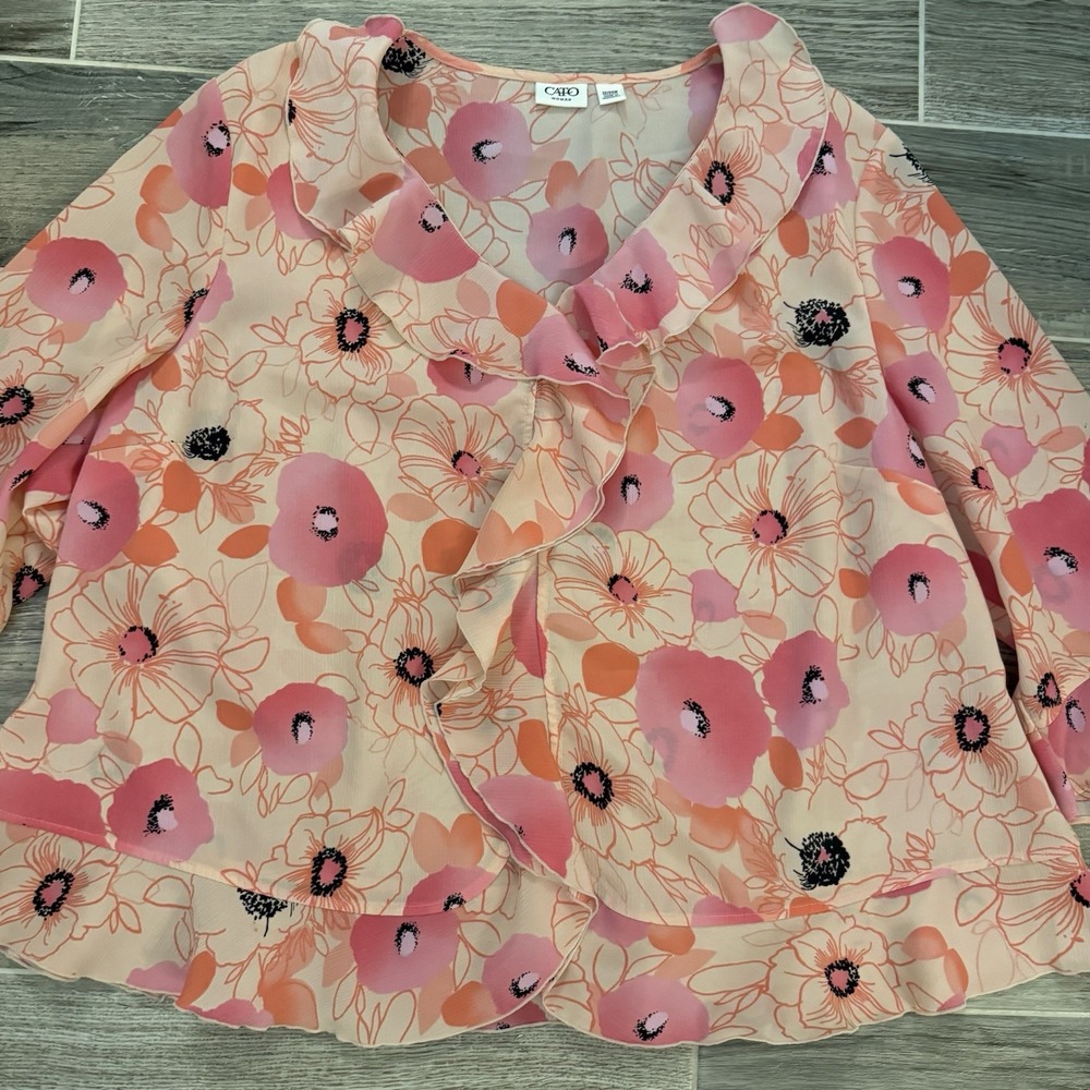 Cato  Floral Print Pleated Plus Sz 22/24 Ruffled Button‎ Up Blouse Romantic